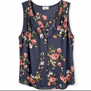 Kismet Navy Floral Sleeveless Blouse XL | Pink Rose Print